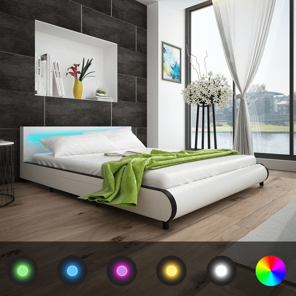 vidaXL Bed Frame with Drawers LED White Faux Leather 150x200 cm 5FT King Size