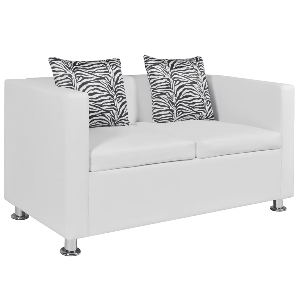 Details About Sofa 2 Seater Artificial Leather White Living Room Lounge Loose Pillows Home