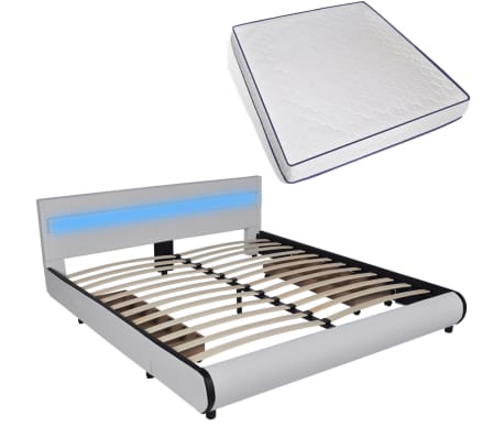 vidaXL Cama y colchón viscoelástico LED cuero sintético blanca 180 cm