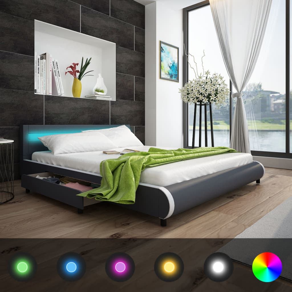 vidaXL Κρεβάτι με Ταινία LED στο Κεφαλάρι 180 εκ. + Στρώμα Αφρού Μνήμης Γκρι
