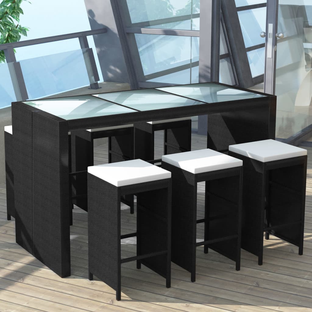 vidaXL 7-tlg. Gartenbar-Set mit Auflagen Poly Rattan Schwarz