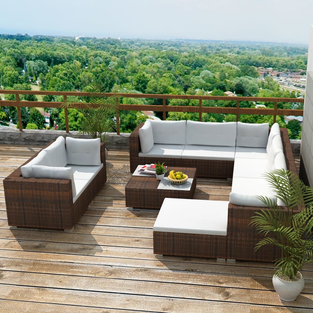 vidaXL 10-tlg. Garten-Lounge-Set mit Auflagen Poly Rattan Braun