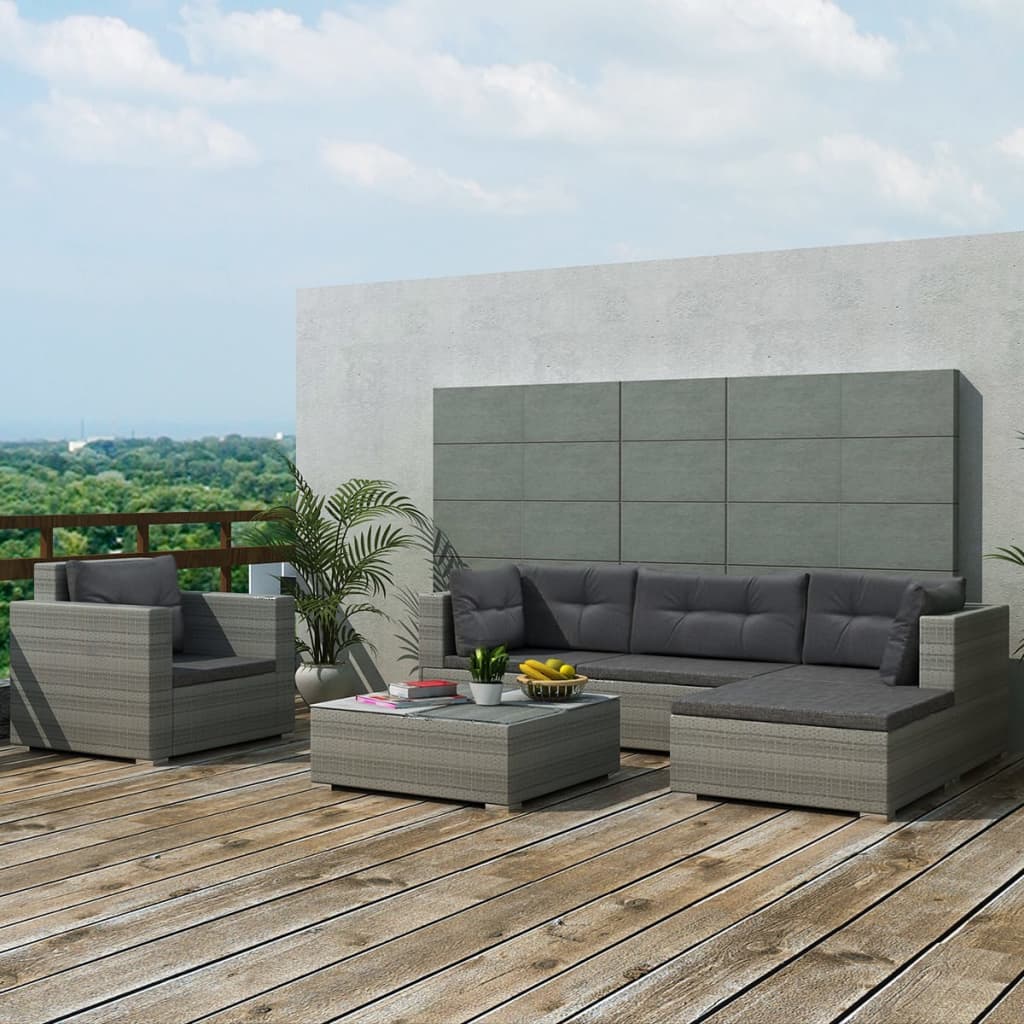 vidaXL 6-tlg. Garten-Lounge-Set mit Auflagen Poly Rattan Grau