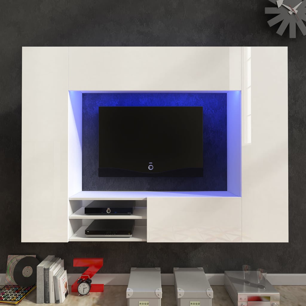 Glancēts sienas izklaides centrs ar LED gaismām, 169,2 cm, balts