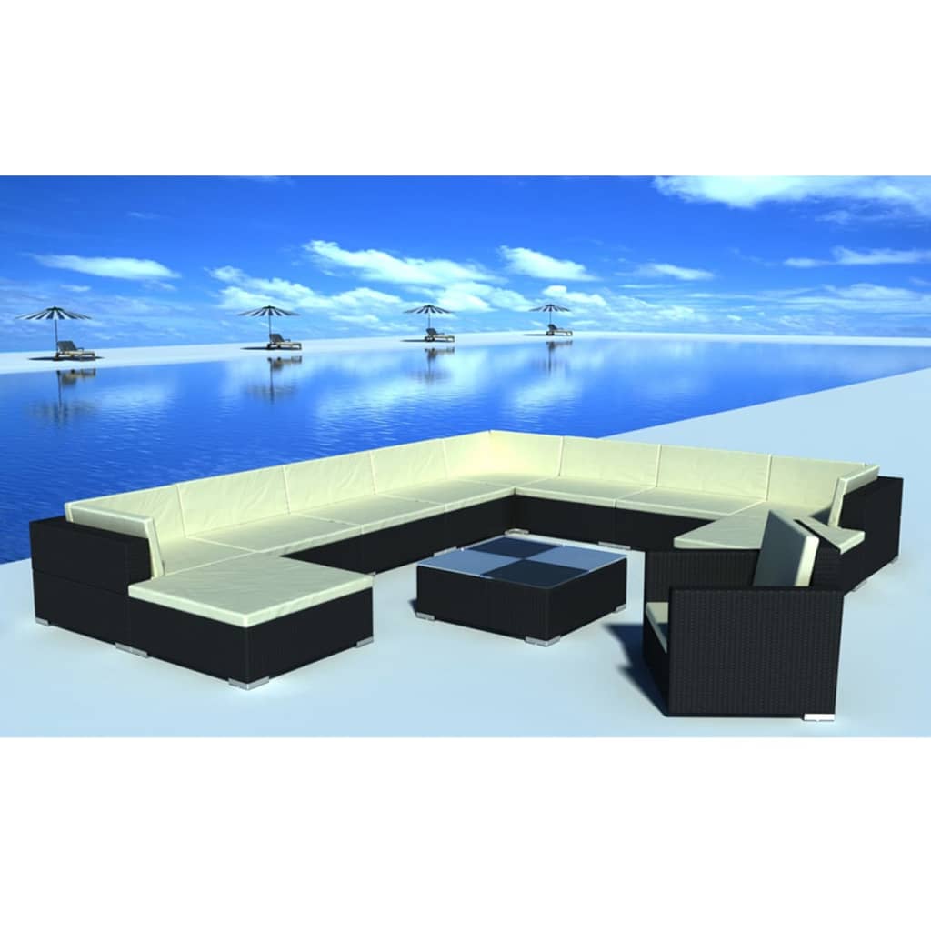 vidaXL 12-tlg. Garten-Lounge-Set mit Kissen Poly Rattan Schwarz