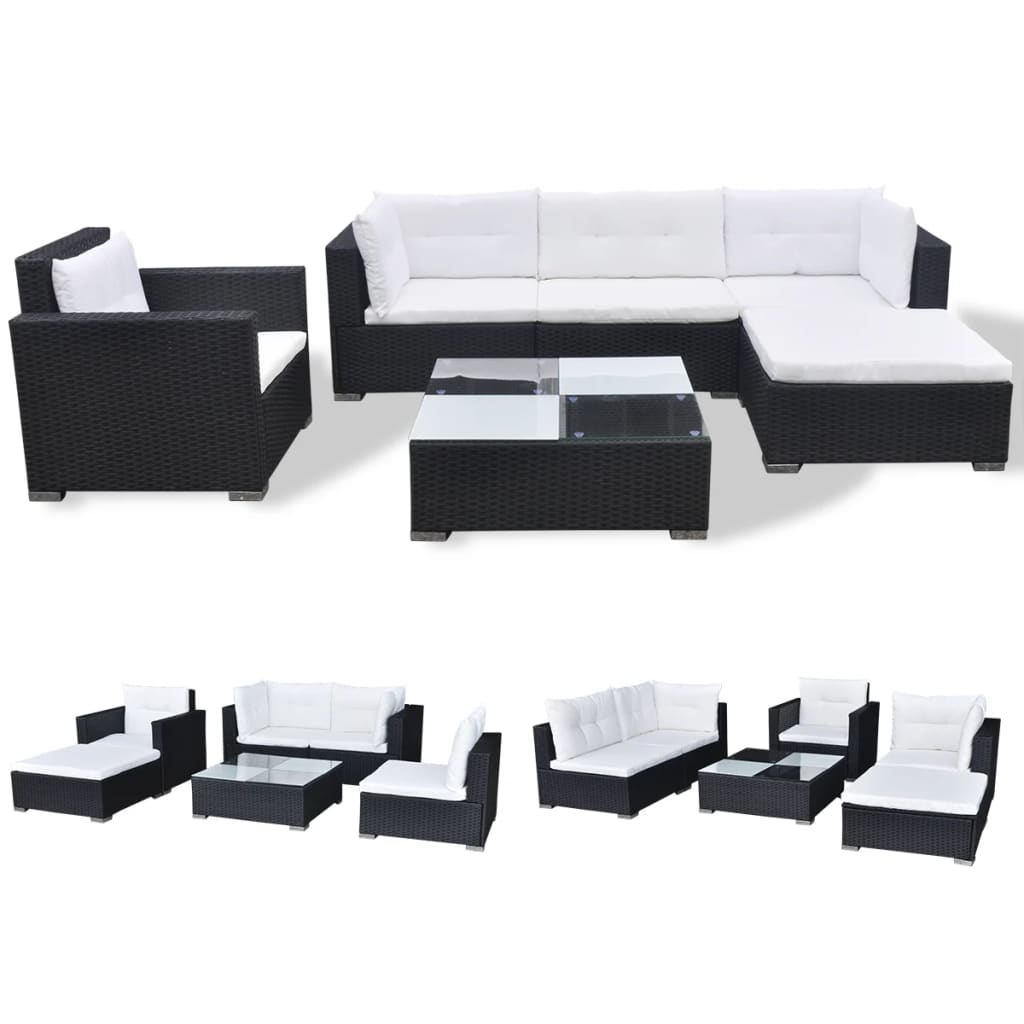 Set mobilier de grădină cu perne, 6 piese, negru, poliratan