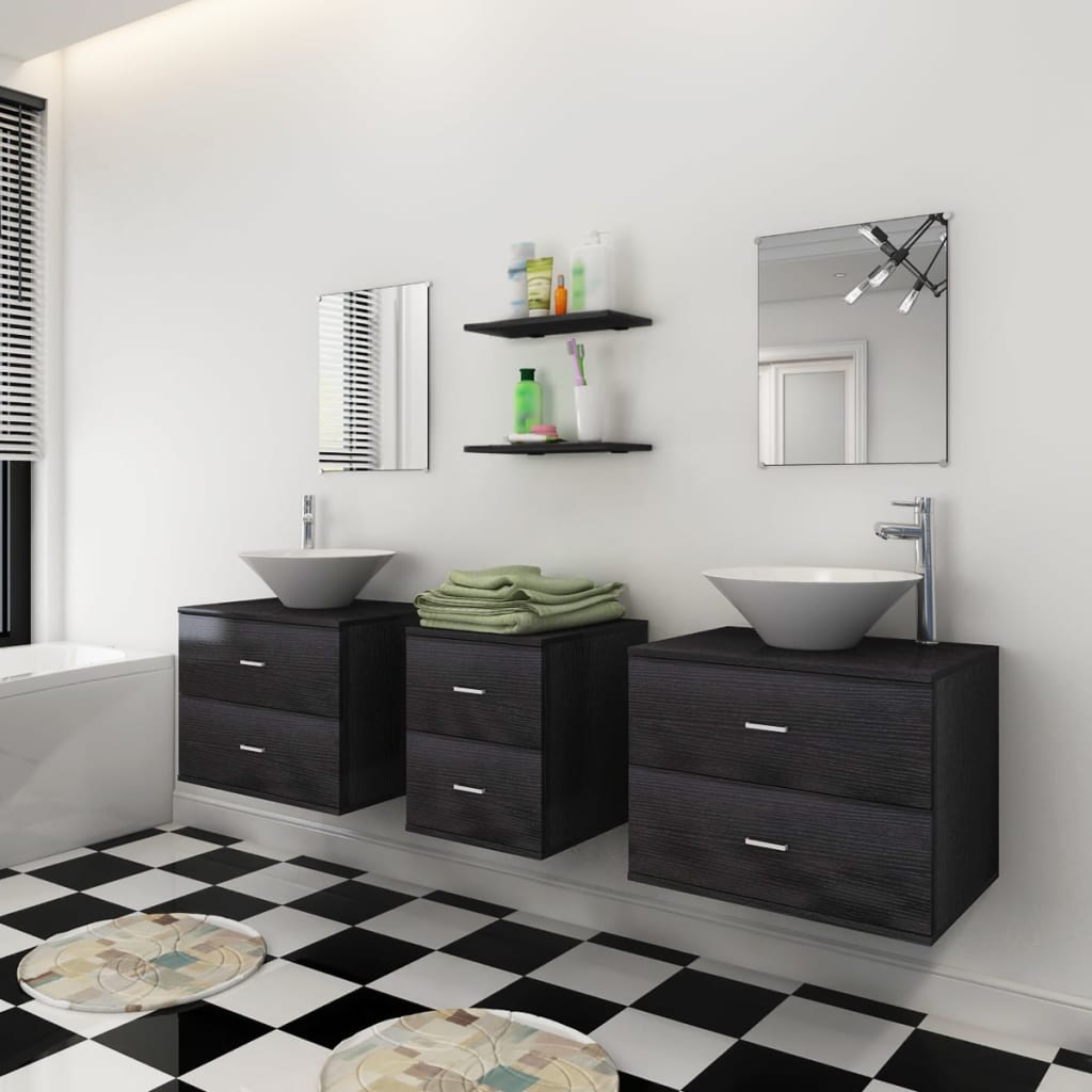 7 részes fürdőszobabútor és mosdókagyló szett fekete 