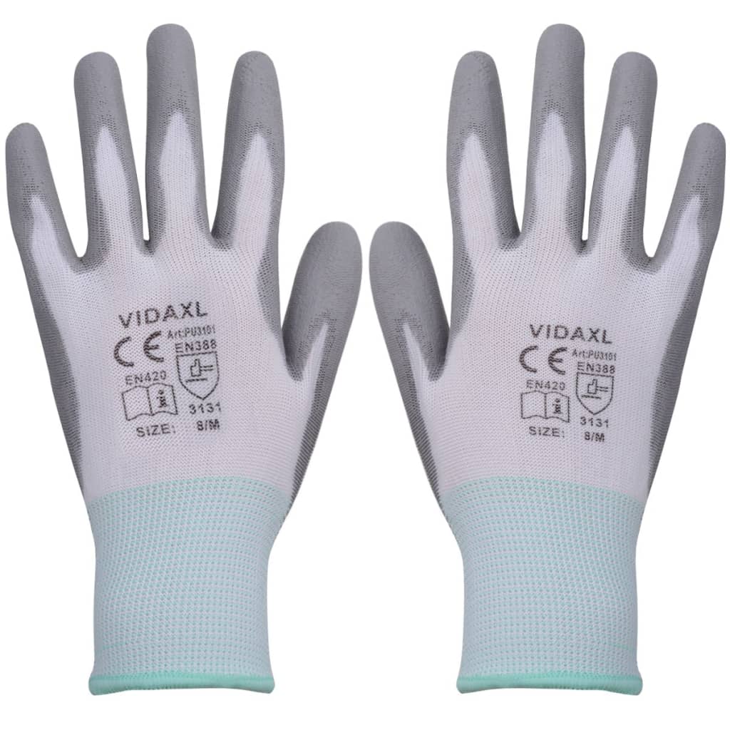 vidaXL Mănuși de protecție PU, 24 perechi, mărimea 8/M, alb și gri vidaXL