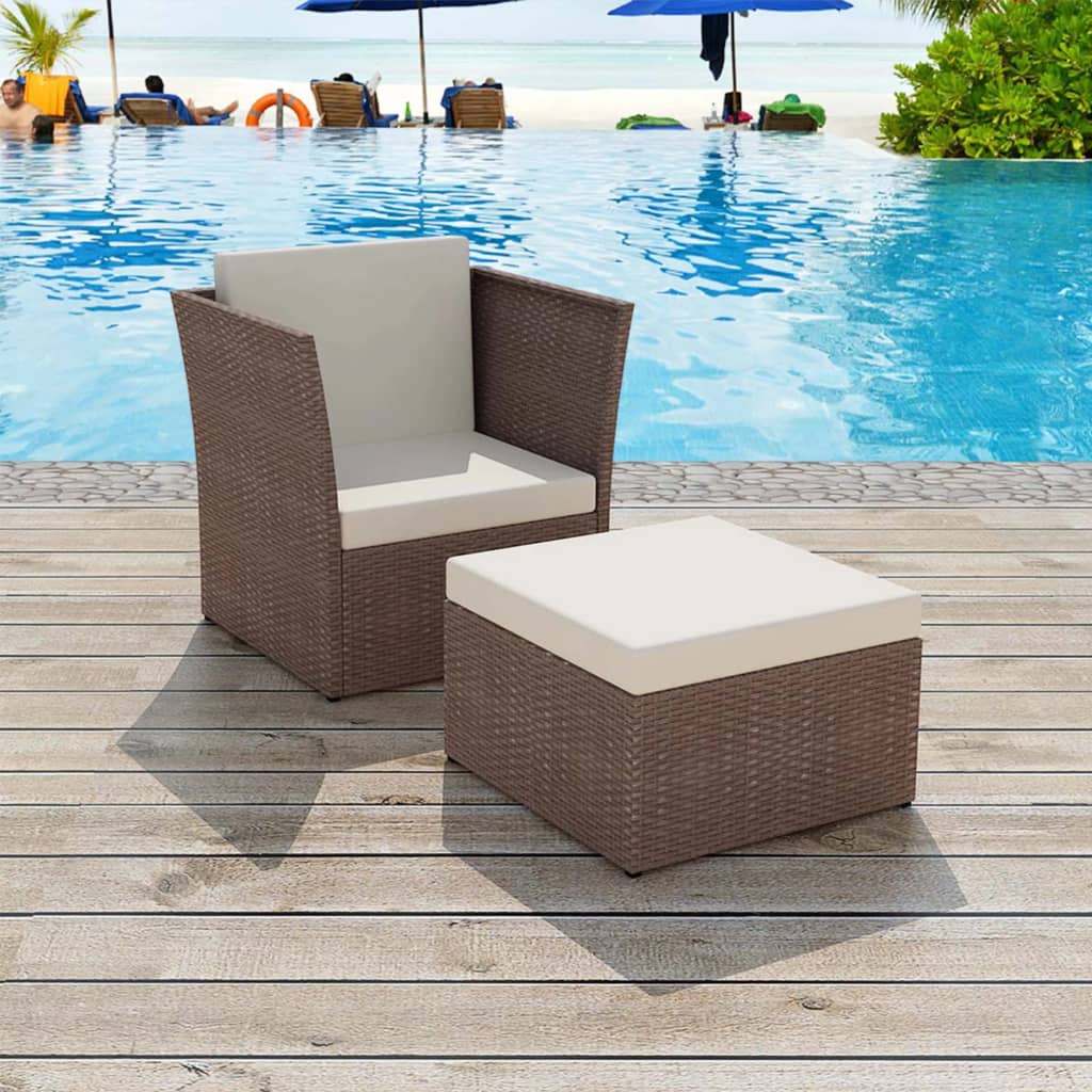 vidaXL Gartensessel mit Fußhocker Poly Rattan Braun