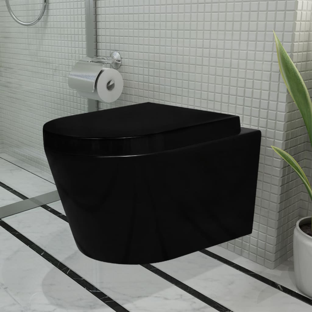 Set toaletă din ceramică, montare pe perete, Negru imagine vidaxl.ro