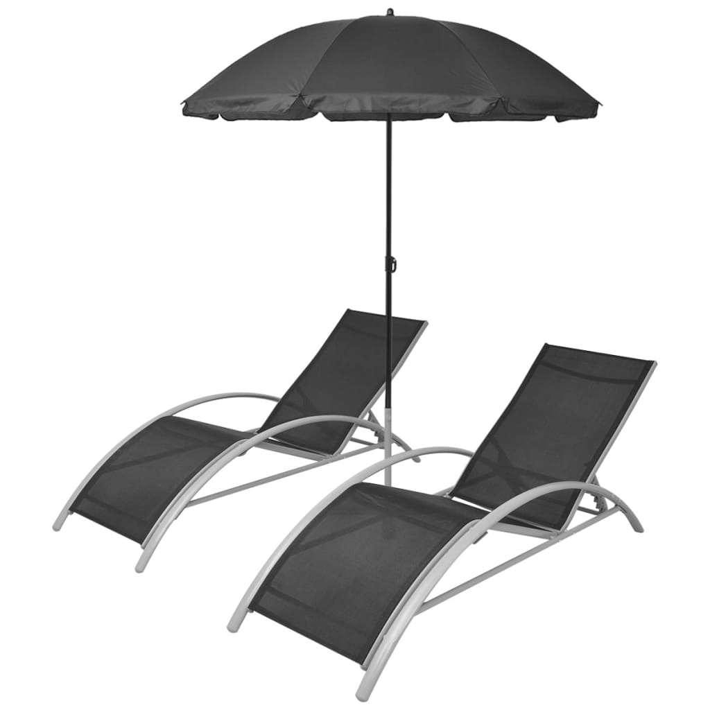 Șezlonguri de plajă cu umbrelă, negru, aluminiu