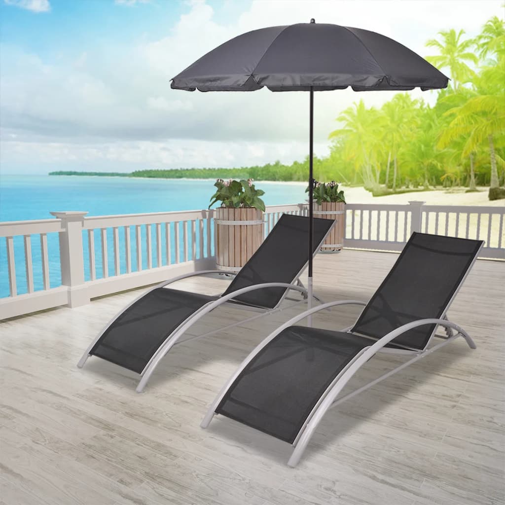 vidaXL Chaises longues et parasol Aluminium Noir