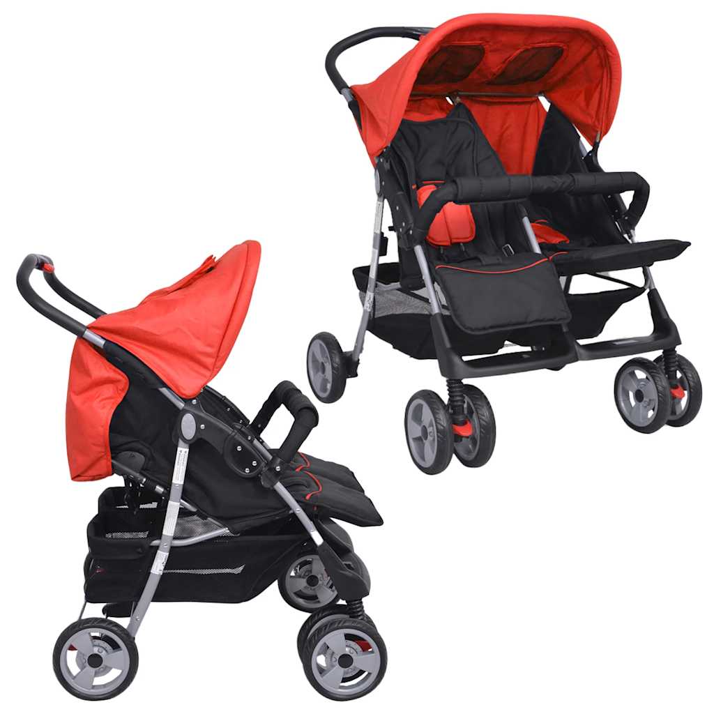 

vidaXL Tweelingkinderwagen staal rood en zwart