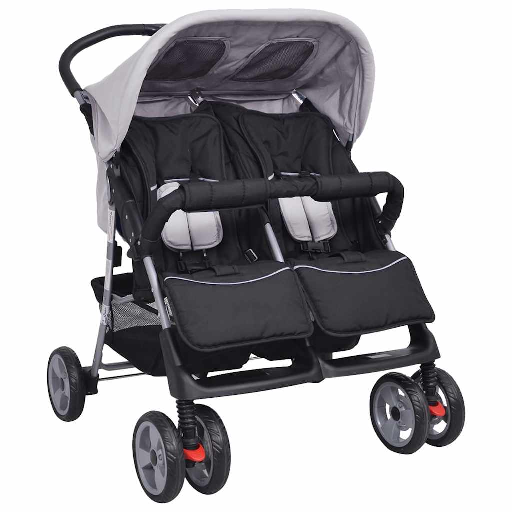 vidaXL Zwillingskinderwagen Stahl Grau und Schwarz