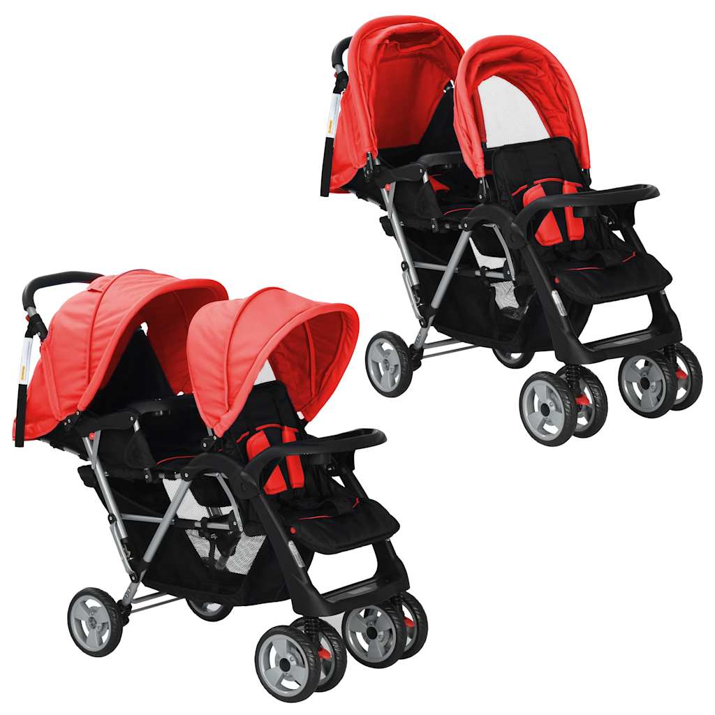 vidaXL Tandem-Kinderwagen Stahl Rot und Schwarz