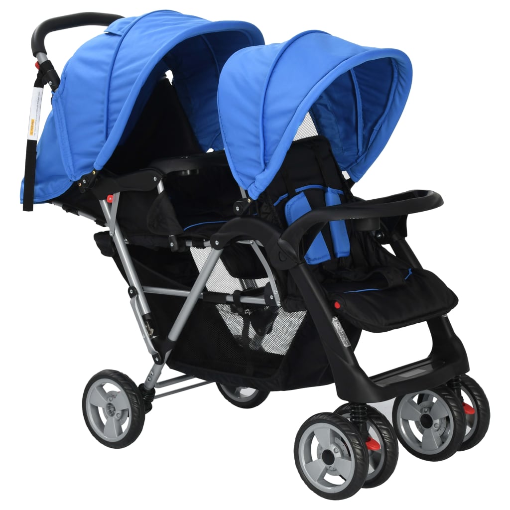 vidaXL Dubbele kinderwagen staal blauw en zwart