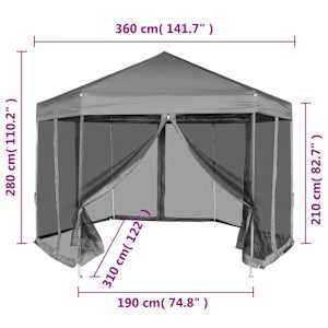 Šestiúhelníkový party stan s 6 stěnami šedý 3,6 x 3,1 m - obrázek 12