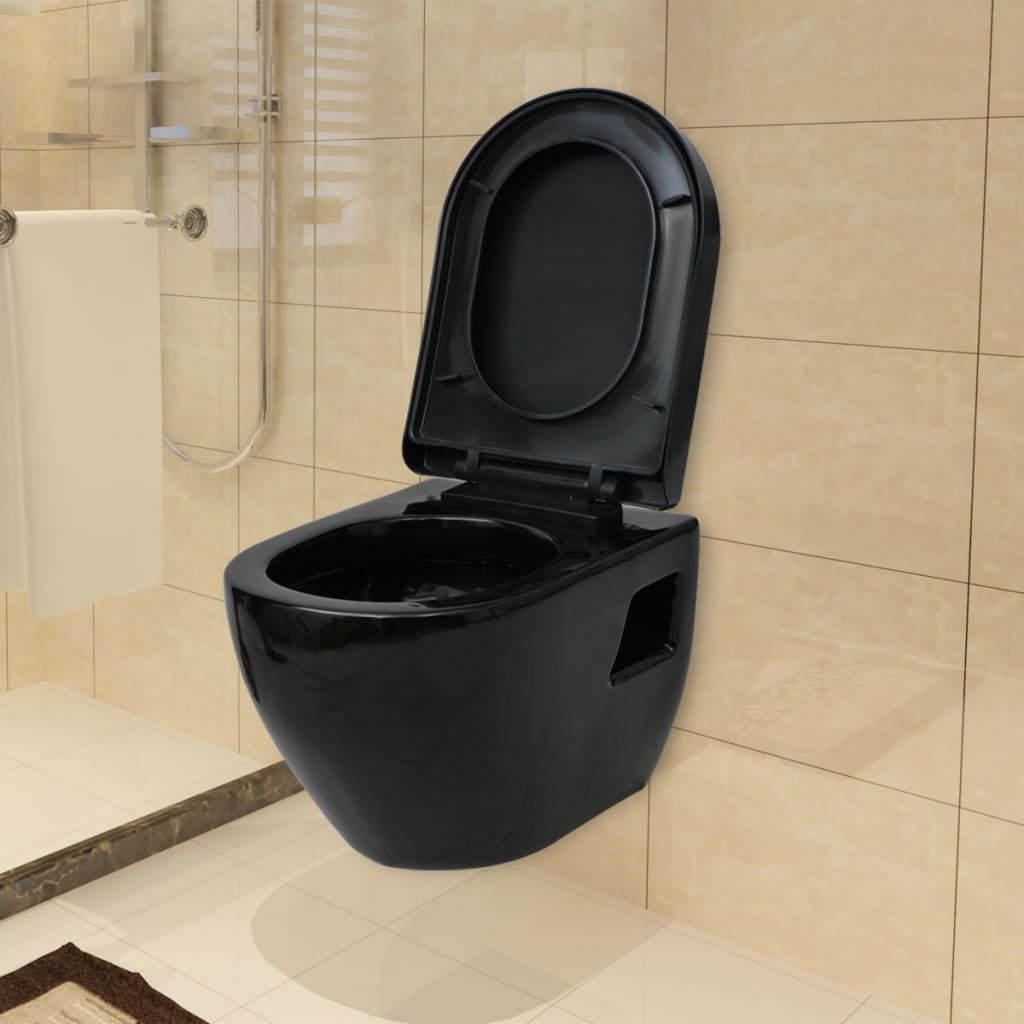 vidaXL Vas toaletă cu montare pe perete, ceramică, negru imagine vidaxl.ro