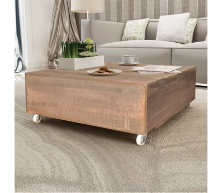 Details About Coffee Side Table With Castors Living Room Furniture Square Brown Solid Wood