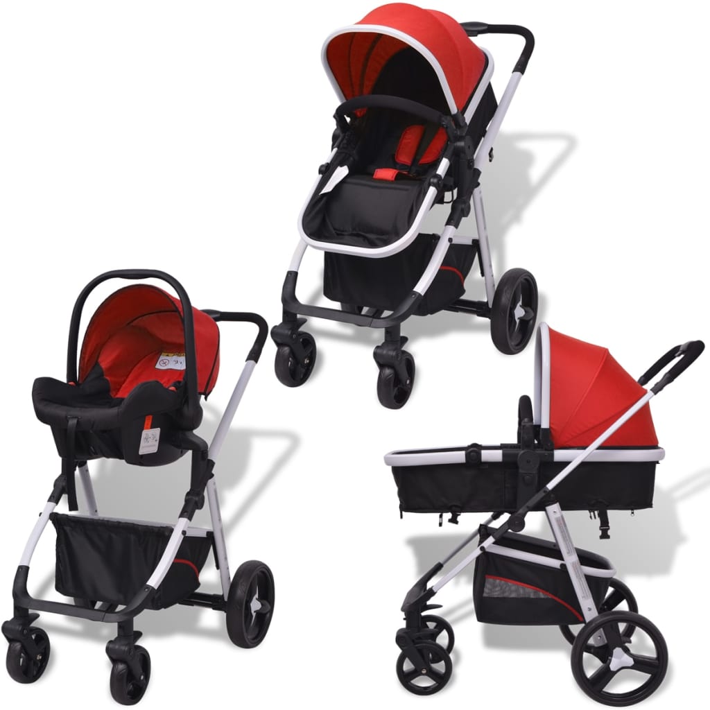 vidaXL Kinderwagen 3-in-1 rood en zwart aluminium