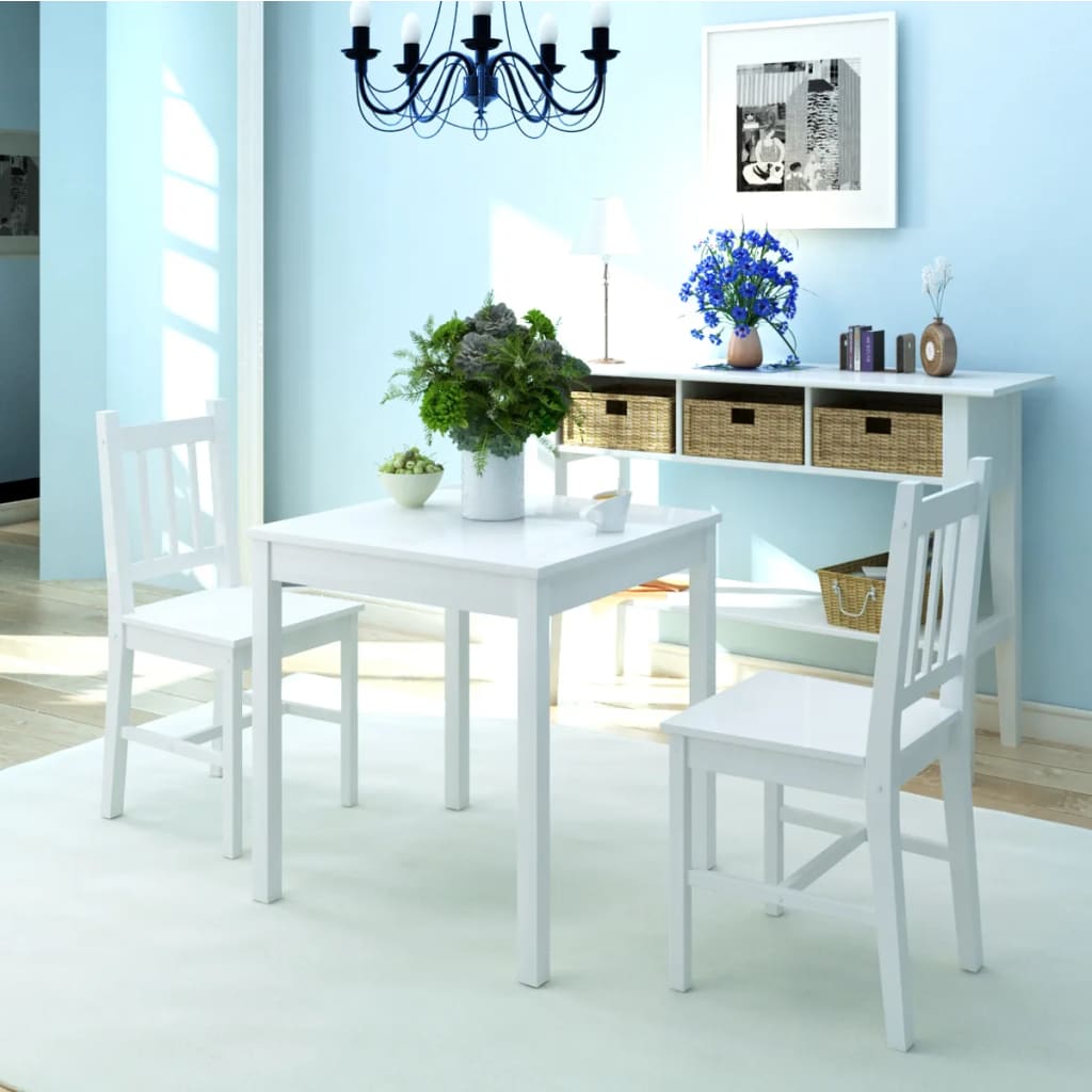 vidaXL Set masă și scaune din lemn de pin, trei piese, alb title=vidaXL Set masă și scaune din lemn de pin, trei piese, alb
