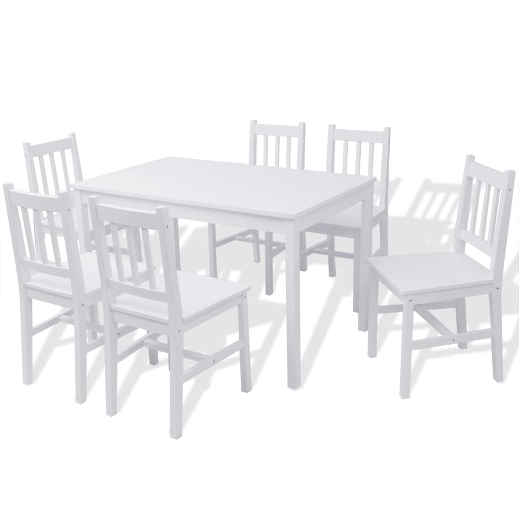 Set masă și scaune din lemn de pin, 7 piese, alb