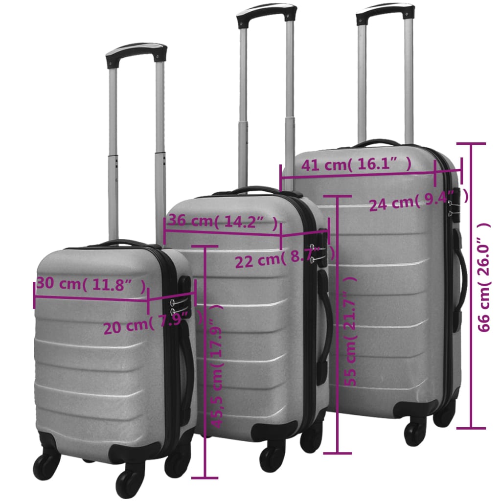 3 darabos ezüstszínű húzható kemény bőrönd szett 45,5/55/66 cm 