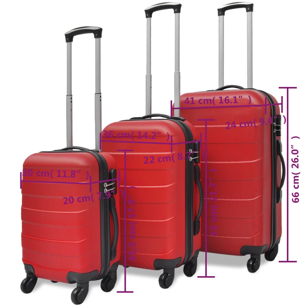 3 darabos piros húzható kemény bőrönd szett 45,5/55/66 cm 