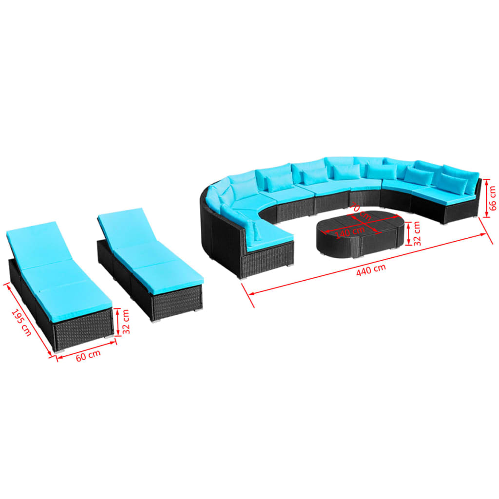 Set mobilier de grădină cu perne, 13 piese, albastru, poliratan