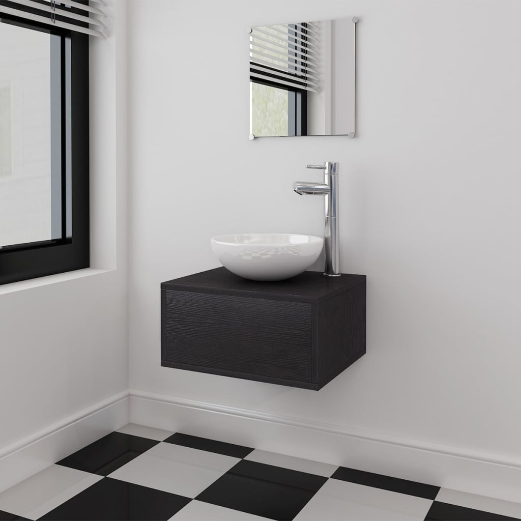 Billede af vidaXL sæt med badeværelsesmøbler m/håndvask + vandhane 4 dele sort