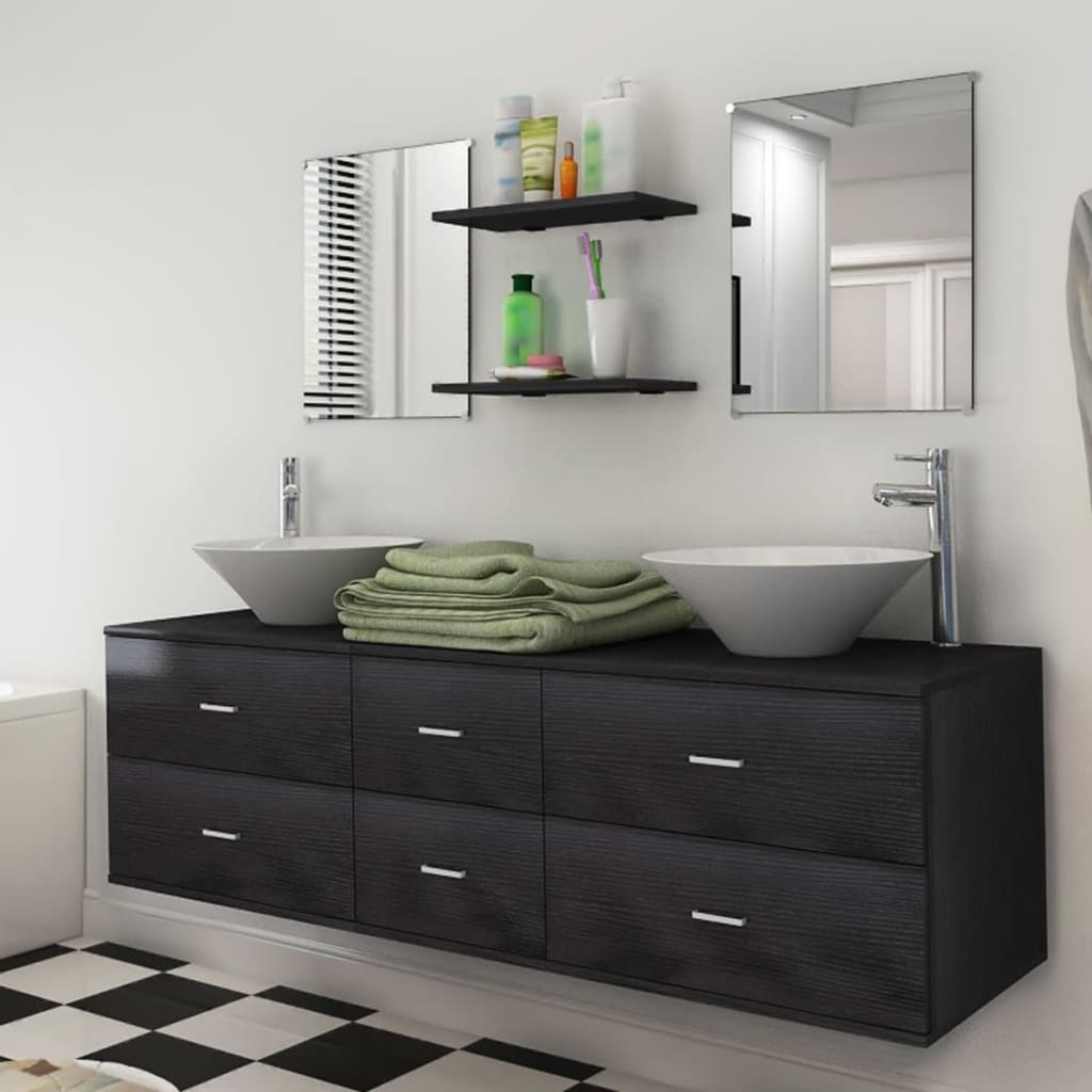 vidaXL Set mobilier de baie, 9 piese, cu chiuvetă și robinet, negru baie