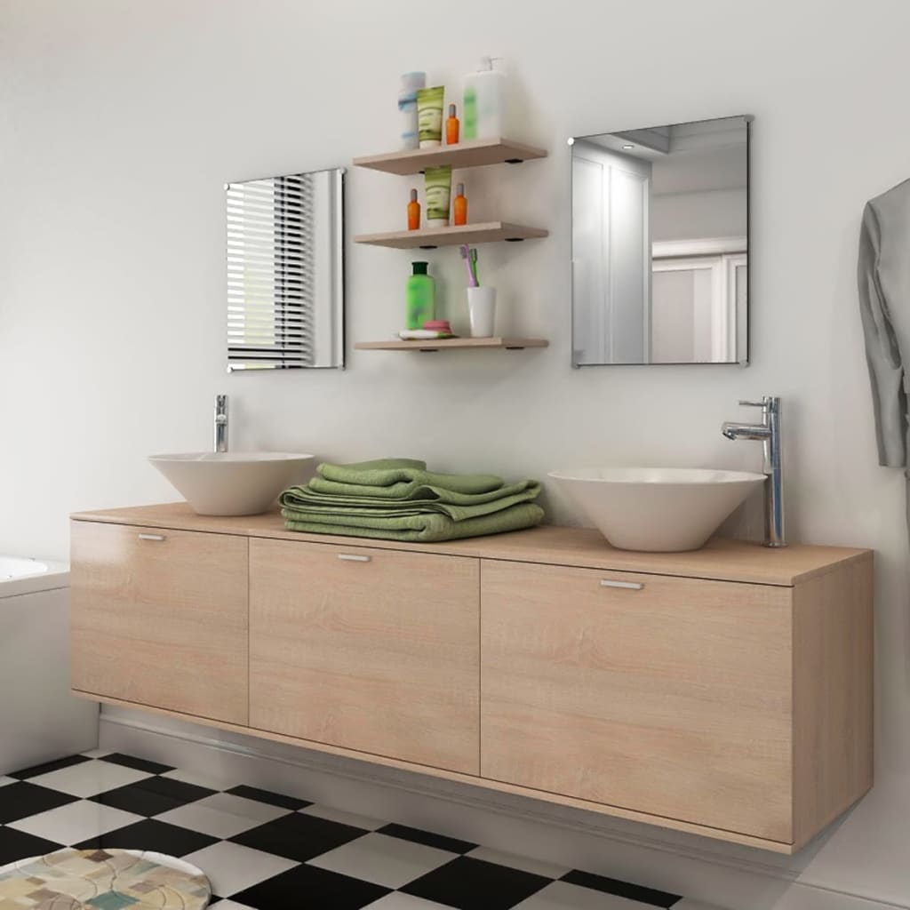 vidaXL sæt med badeværelsesmøbler m/håndvask+vandhane 10 dele beige