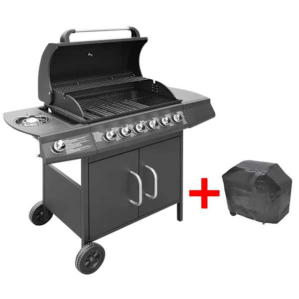 vidaXL gaasgrill 6 + 1 k&uuml;psetustsooniga, must