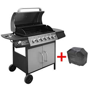 vidaXL gaasigrill 6 + 1 k&uuml;psetustsooniga, must ja h&otilde;bedane