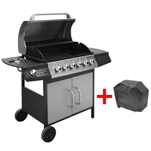 vidaXL gaasigrill 6 + 1 k&uuml;psetustsooniga, must ja h&otilde;bedane