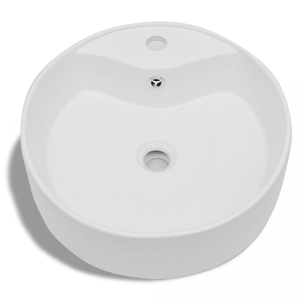 vidaXL Bathroom Sink Basin Faucet/Overflow Hole Ceramic White Round