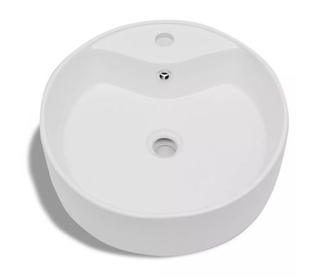 vidaXL Bathroom Sink Basin Faucet/Overflow Hole Ceramic White Round