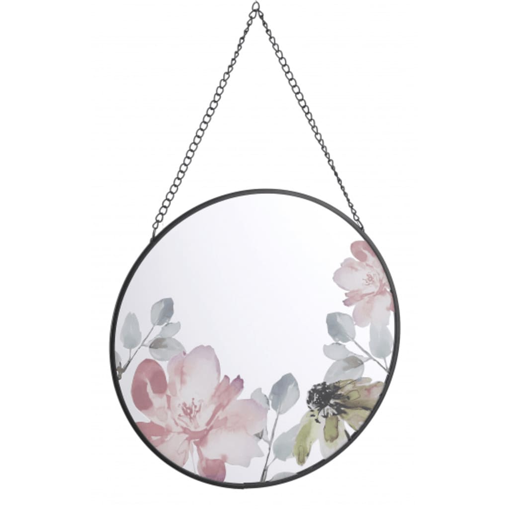 Mica Decorations spiegel met bloemen Lita 25 cm glas zwart/roze
