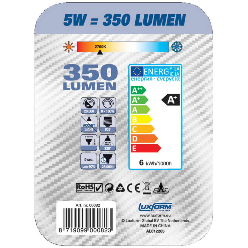 Luxform led-lamp E27 230V 5W G50 2700K (dimbaar / EWW / 4 stuks)
