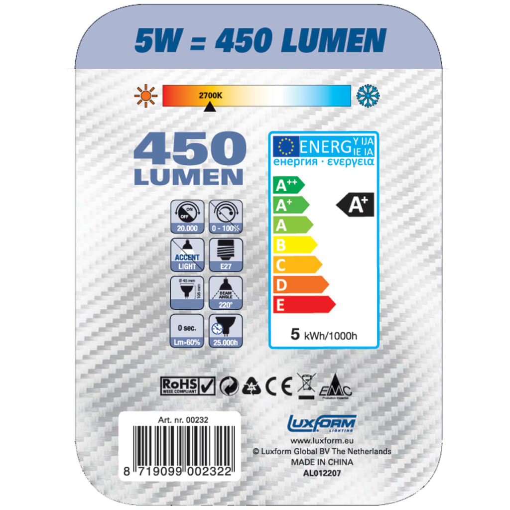 Luxform peervormige led-lamp E27 230V 5W G45 (4 stuks)