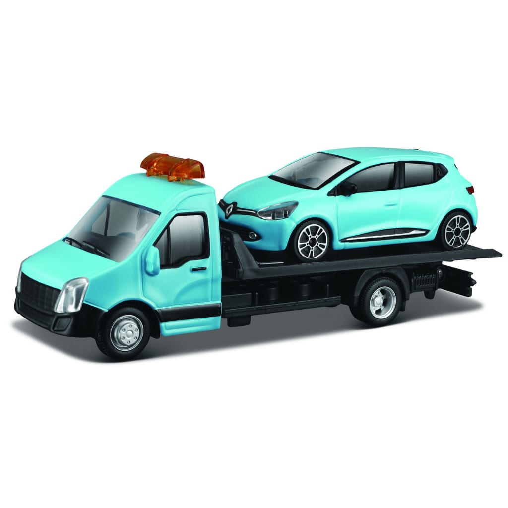 Bburago schaalmodel Renault Clio + Flatbed Transporter 1:43 blauw