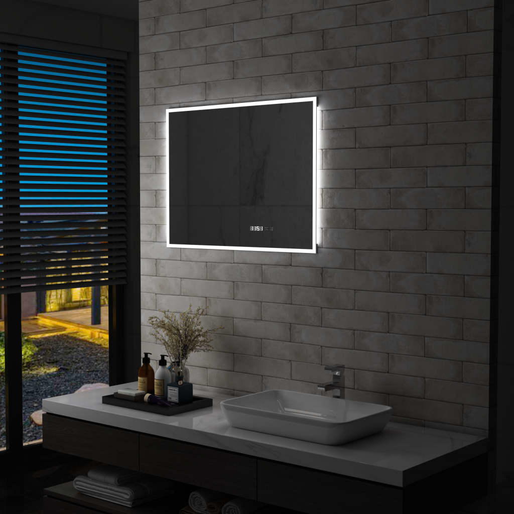vidaXL Oglindă cu LED de baie cu senzor tactil și afișaj oră, 80×60 cm vidaXL