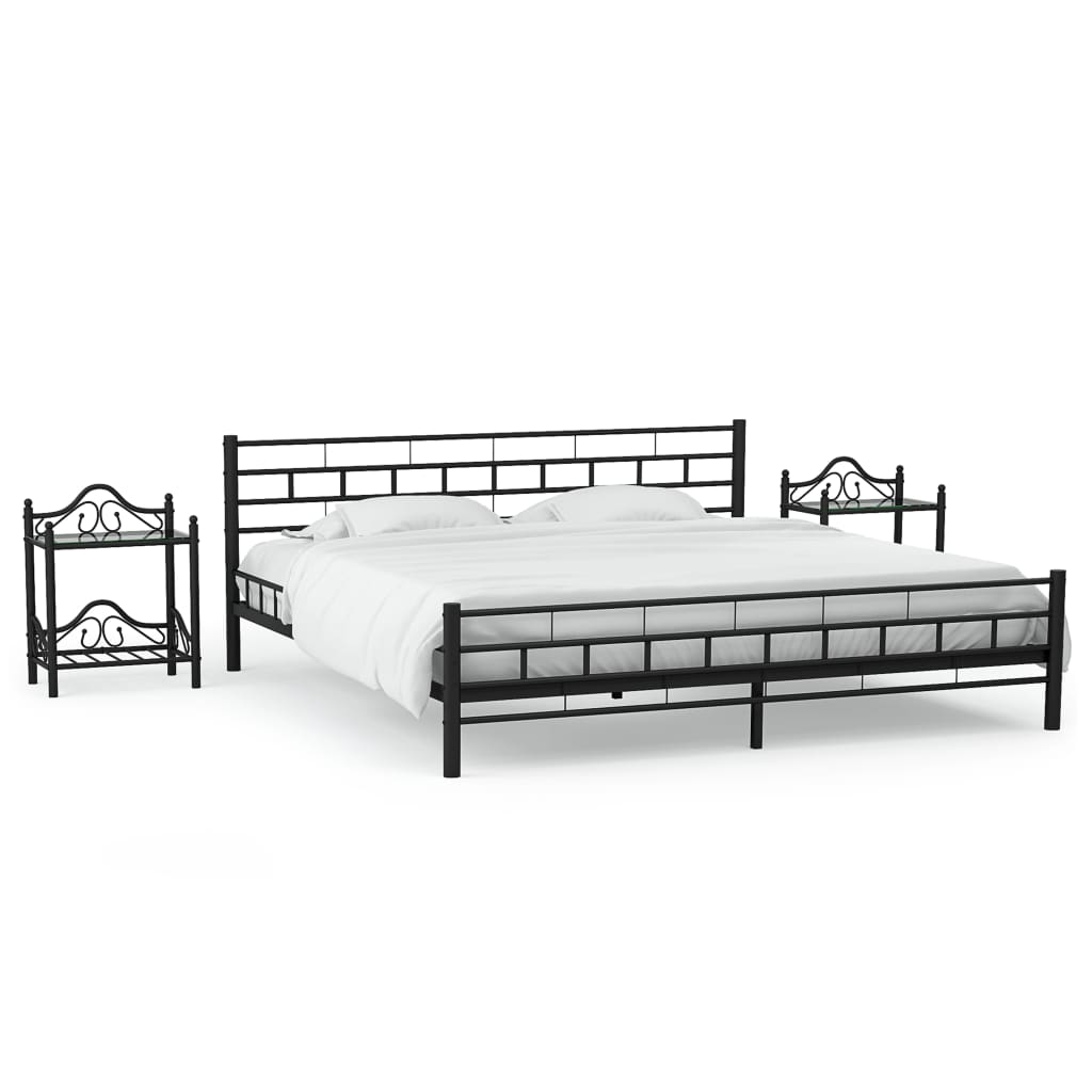 vidaXL Cadru de pat cu 2 noptiere, negru, 180 x 200 cm, metal vidaxl.ro