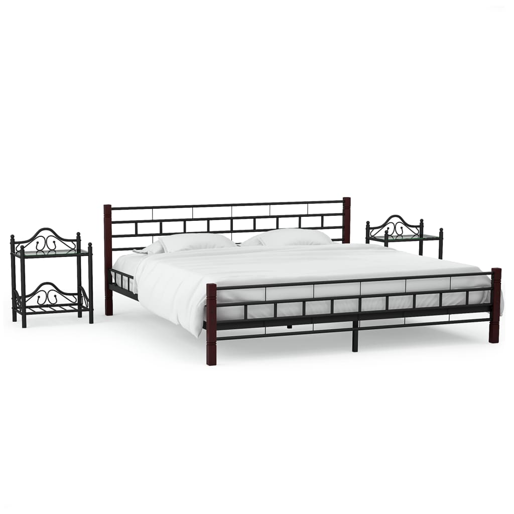 vidaXL Cadru de pat cu 2 noptiere, negru, 140 x 200 cm, metal vidaxl.ro