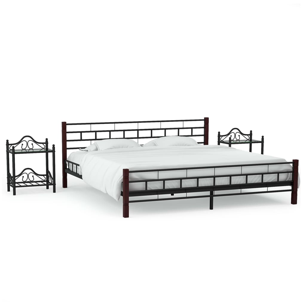 vidaXL Cadru de pat cu 2 noptiere, negru, 160 x 200 cm, metal vidaxl.ro