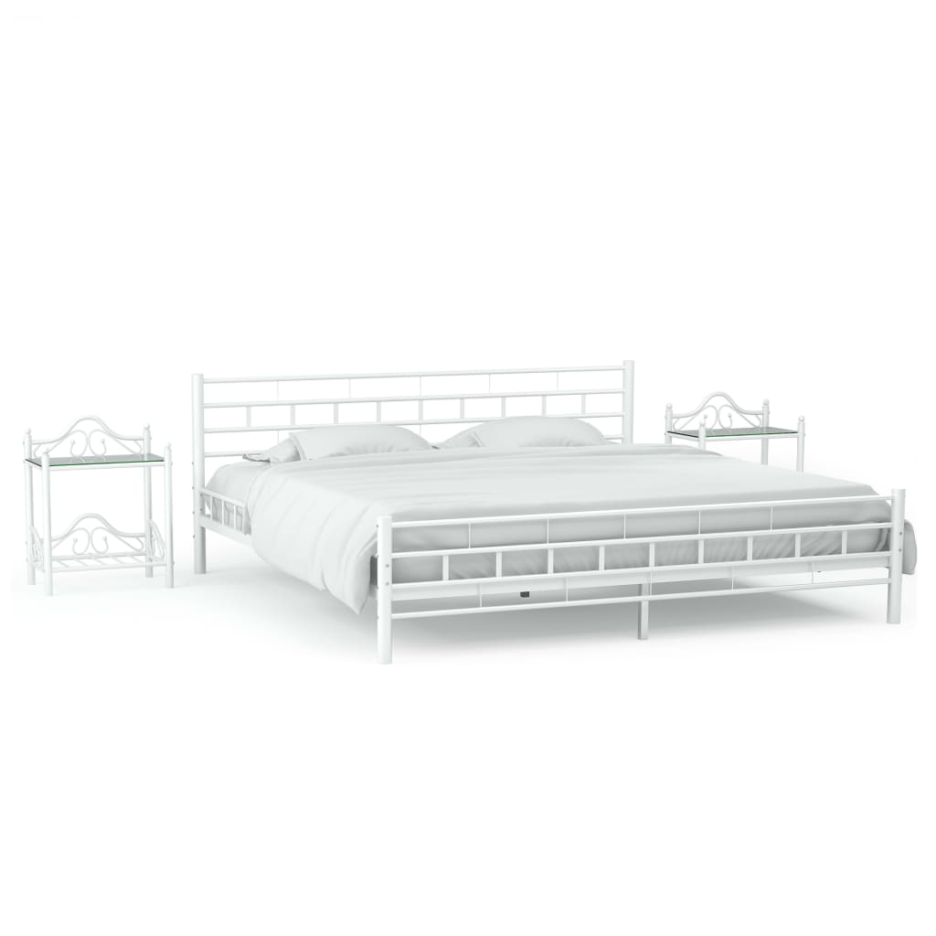 vidaXL Cadru de pat cu 2 noptiere, alb, 140 x 200 cm, metal vidaxl.ro