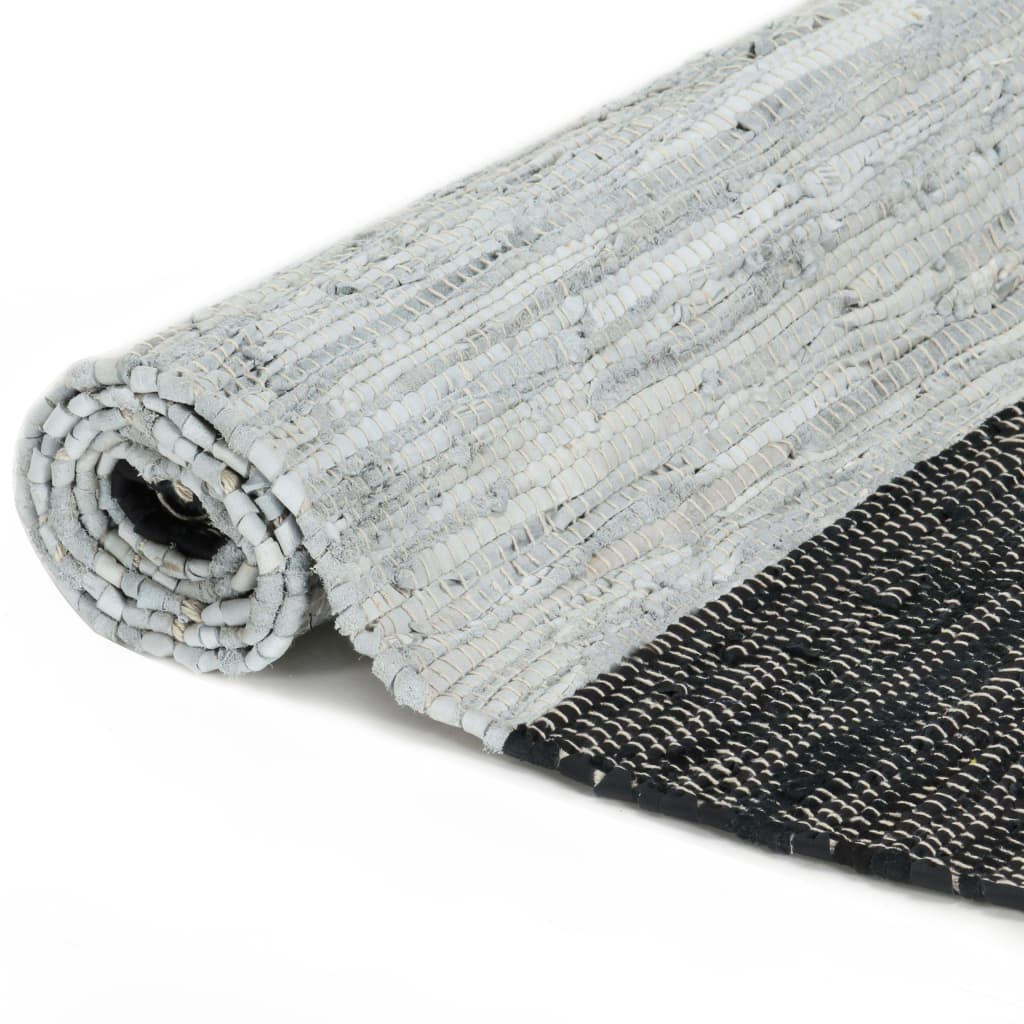 vidaXL Handvävd matta Chindi läder 80x160 cm ljusgrå och svart