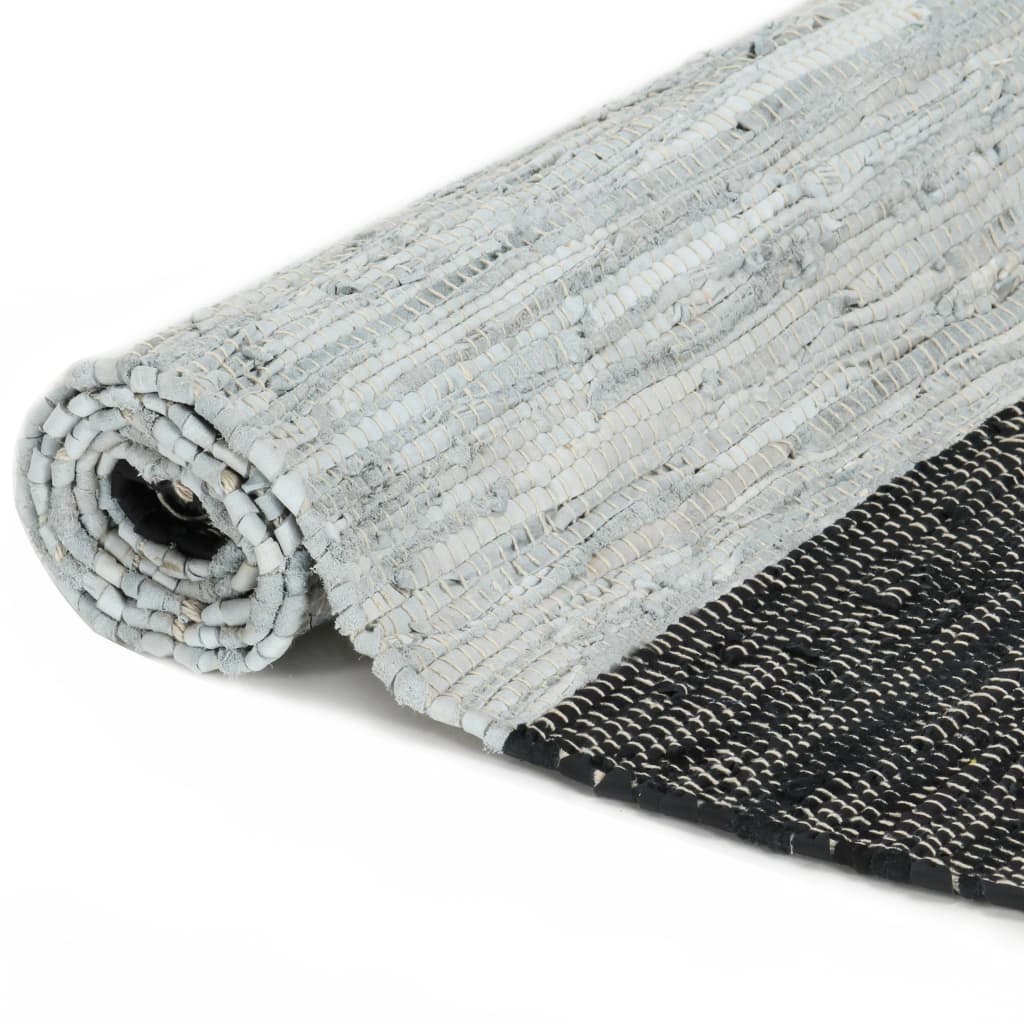 vidaXL Hand-woven Chindi Rug Leather 120x170 cm Light Grey and Black