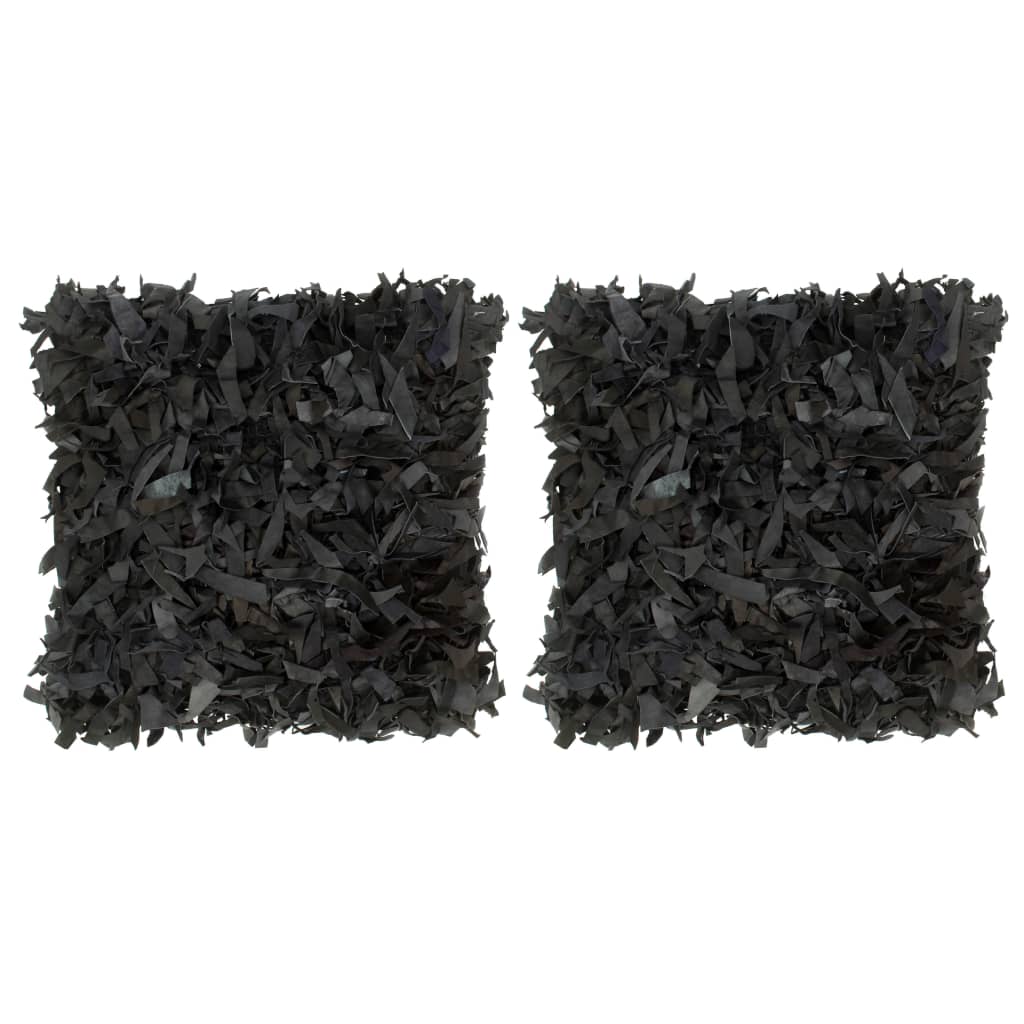 vidaXL Pernuțe Shaggy, 2 buc., negru, 45×45 cm, piele și bumbac vidaXL