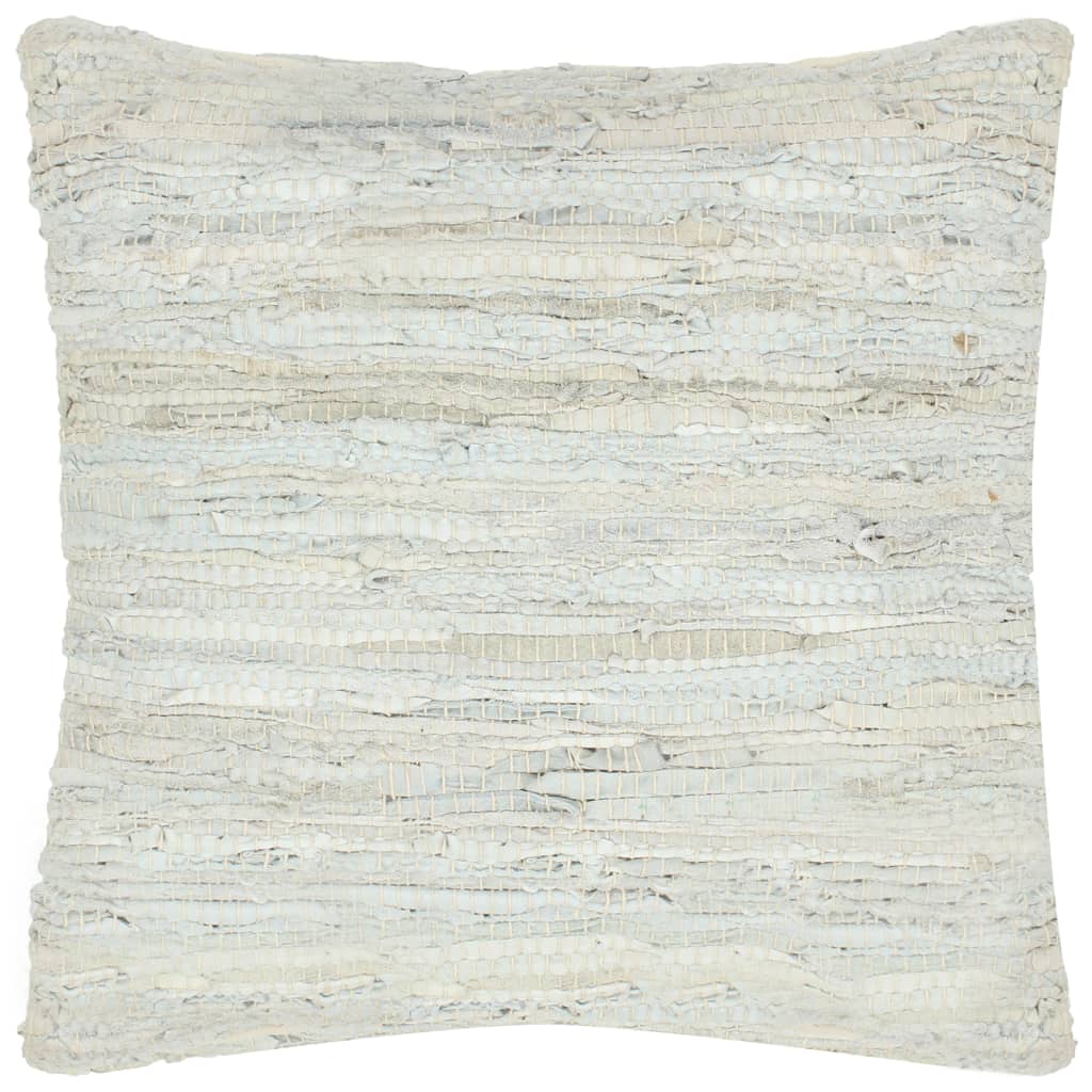 Polštář chindi světle šedý 60 x 60 cm kůže a bavlna